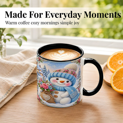 #pl[11oz|Black] Snowman Bouquet Coffee Mug, Winter Floral Mug, Ceramic Cup