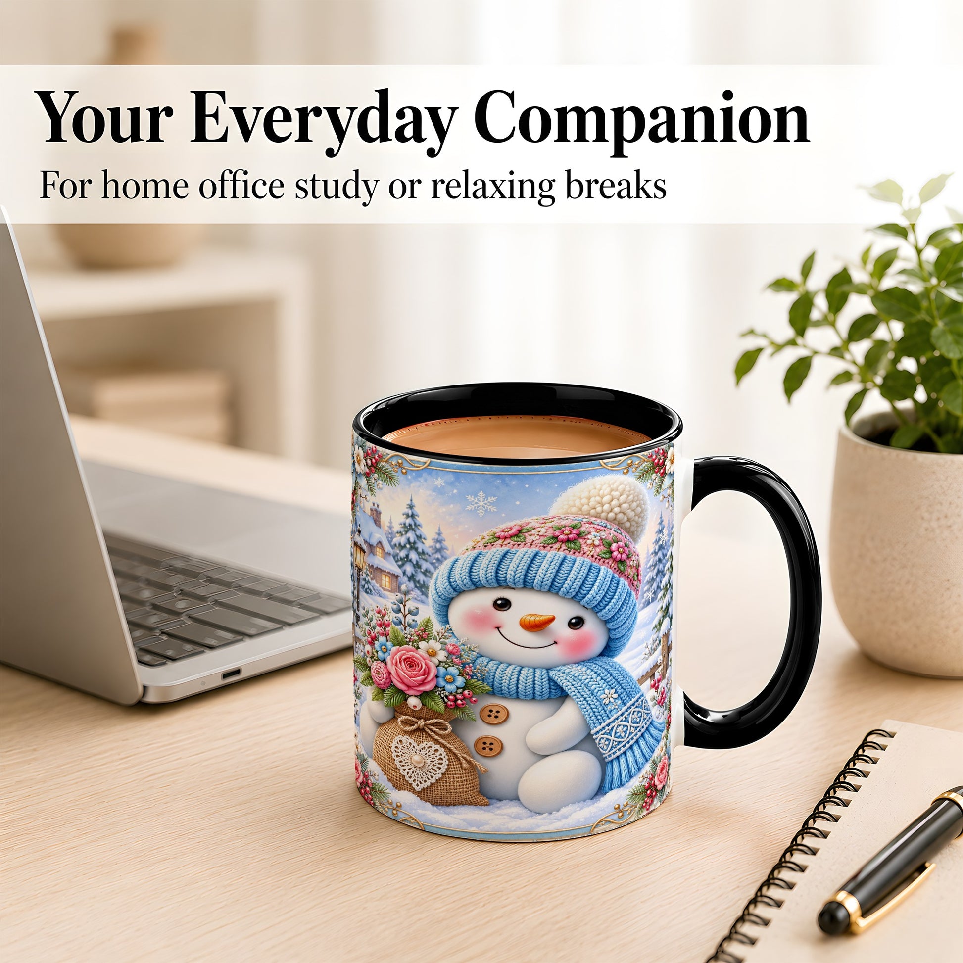 #pl[11oz|Black] Snowman Bouquet Coffee Mug, Winter Floral Mug, Ceramic Cup