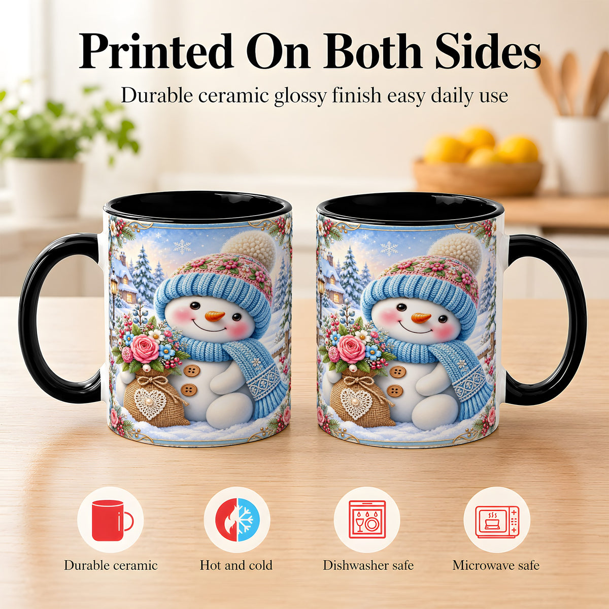 #pl[11oz|Black] Snowman Bouquet Coffee Mug, Winter Floral Mug, Ceramic Cup
