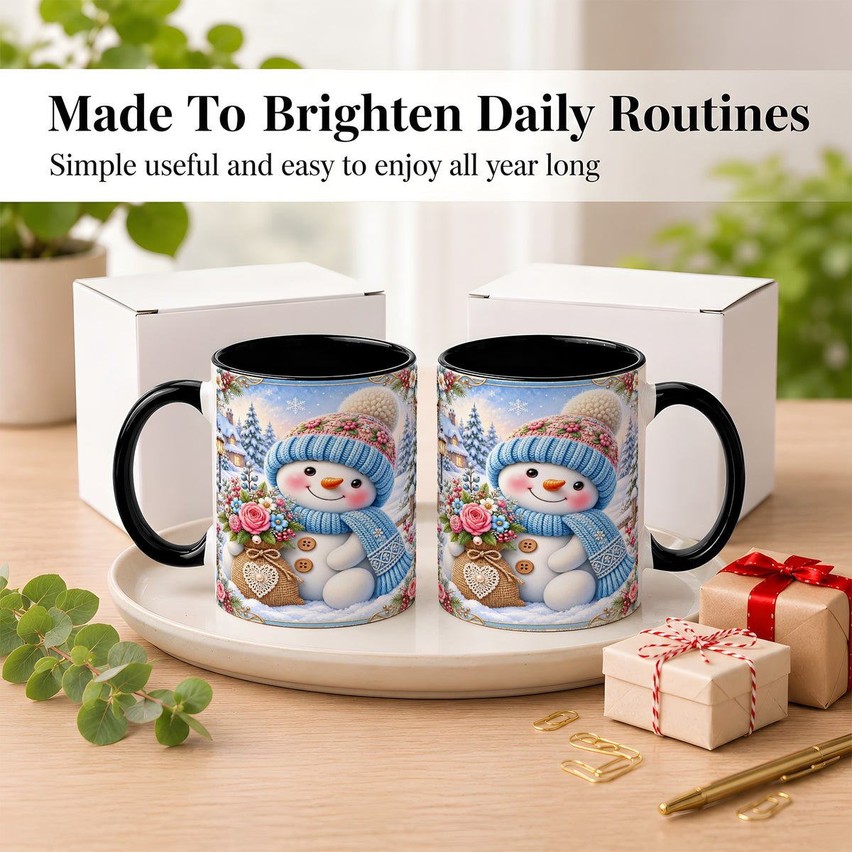 #pl[11oz|Black] Snowman Bouquet Coffee Mug, Winter Floral Mug, Ceramic Cup
