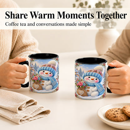 #pl[11oz|Black] Snowman Bouquet Coffee Mug, Winter Floral Mug, Ceramic Cup