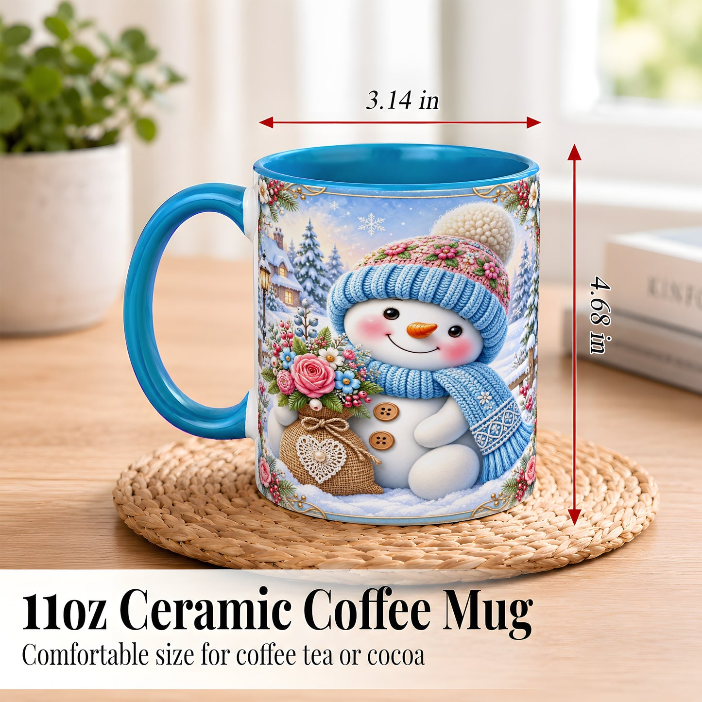 #pl[11oz|Blue] Snowman Bouquet Coffee Mug, Winter Floral Mug, Ceramic Cup