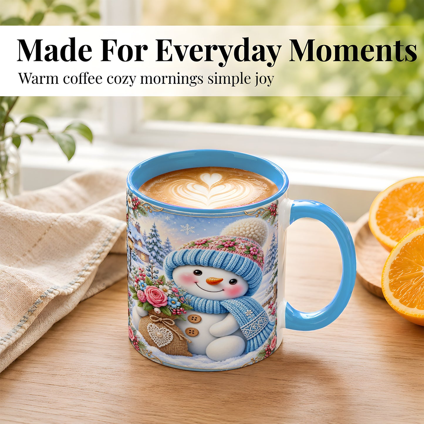 #pl[11oz|Blue] Snowman Bouquet Coffee Mug, Winter Floral Mug, Ceramic Cup
