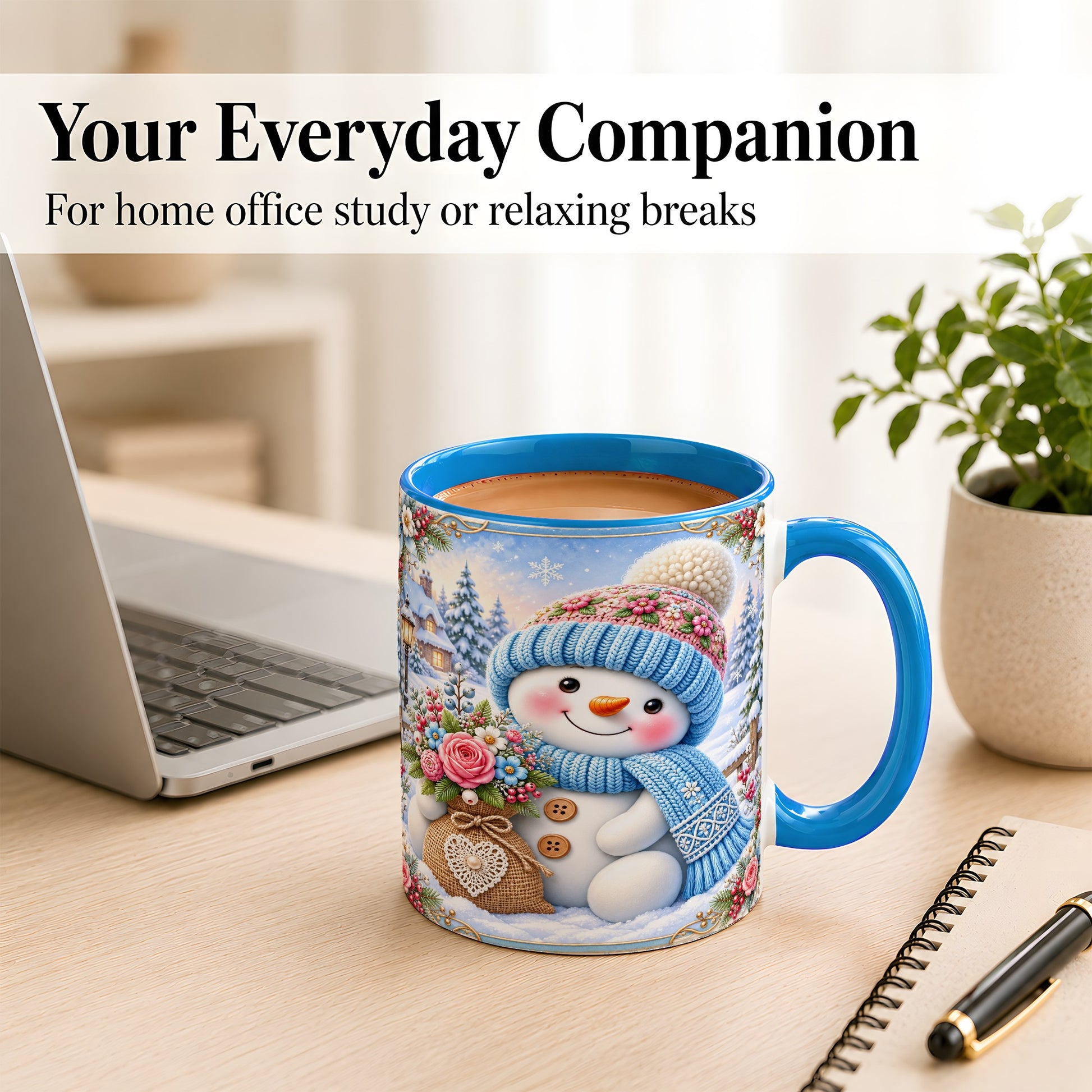 #pl[11oz|Blue] Snowman Bouquet Coffee Mug, Winter Floral Mug, Ceramic Cup