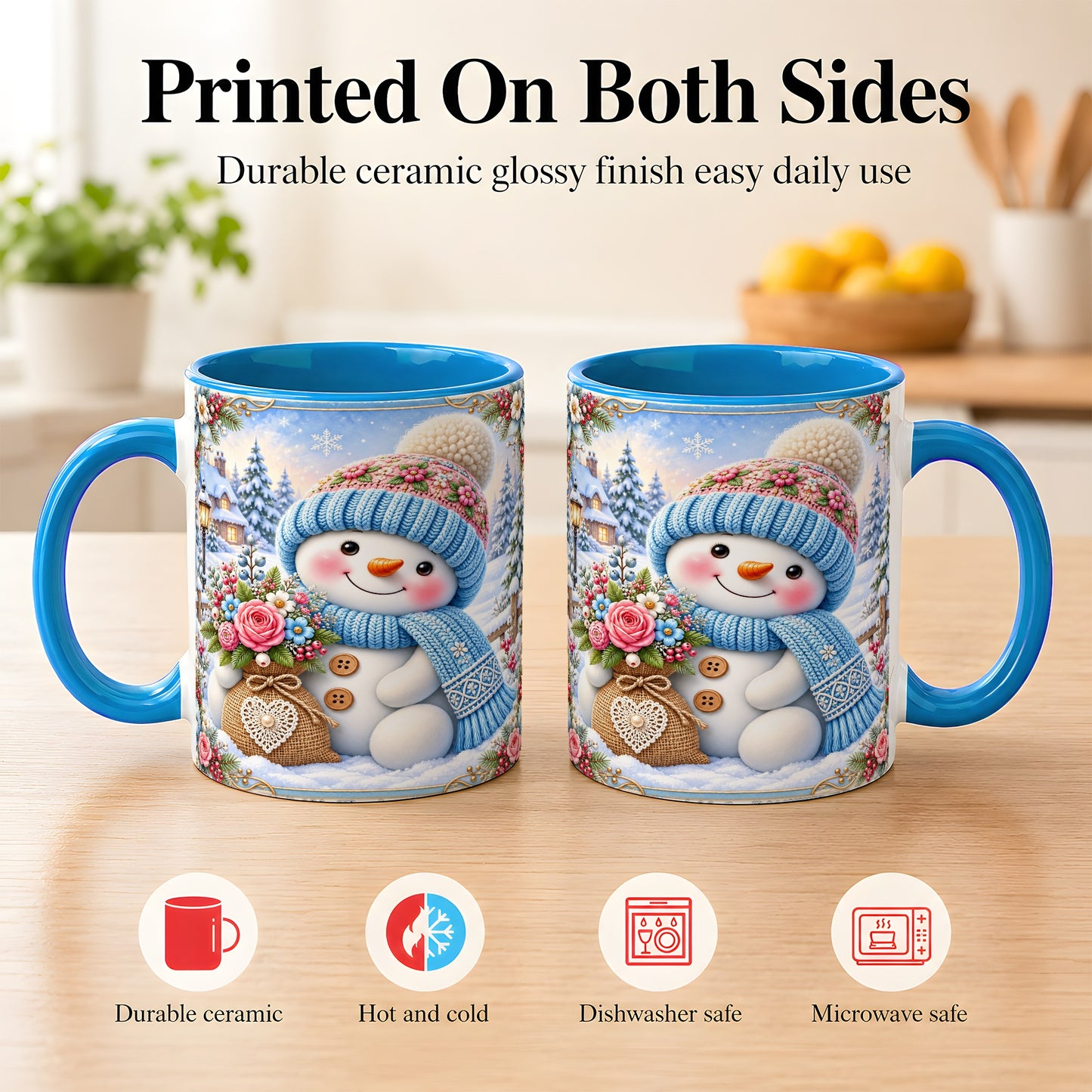 #pl[11oz|Blue] Snowman Bouquet Coffee Mug, Winter Floral Mug, Ceramic Cup