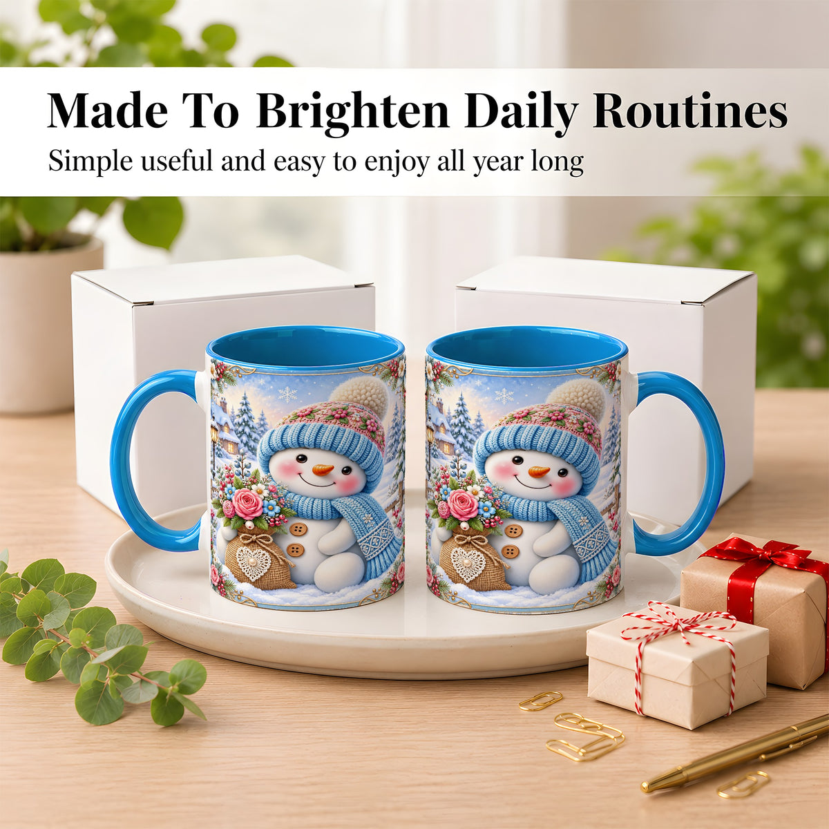 #pl[11oz|Blue] Snowman Bouquet Coffee Mug, Winter Floral Mug, Ceramic Cup