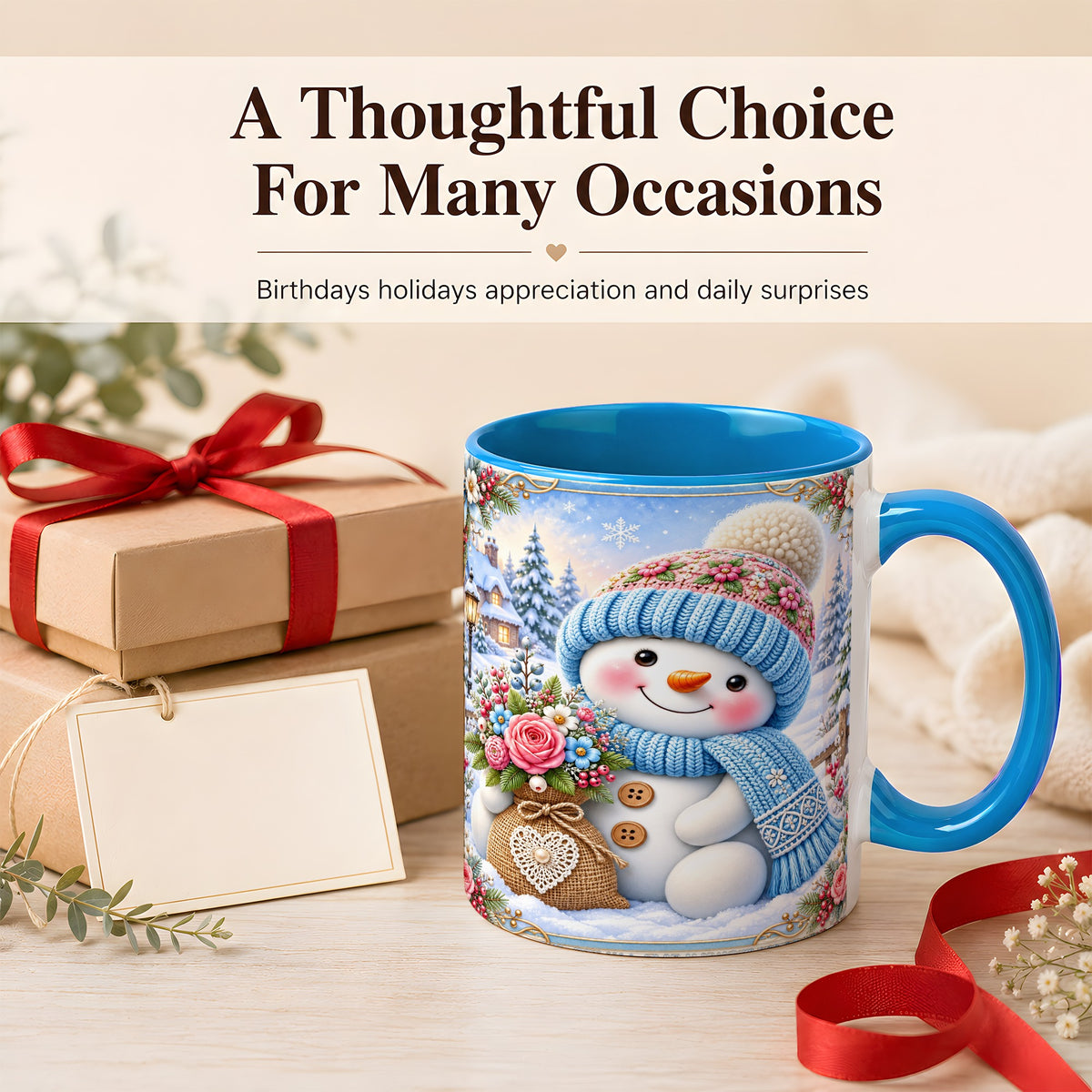 #pl[11oz|Blue] Snowman Bouquet Coffee Mug, Winter Floral Mug, Ceramic Cup