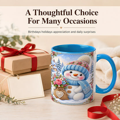 #pl[11oz|Blue] Snowman Bouquet Coffee Mug, Winter Floral Mug, Ceramic Cup