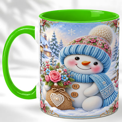 #pl[11oz|Green] Snowman Bouquet Coffee Mug, Winter Floral Mug, Ceramic Cup