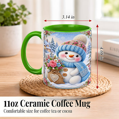 #pl[11oz|Green] Snowman Bouquet Coffee Mug, Winter Floral Mug, Ceramic Cup