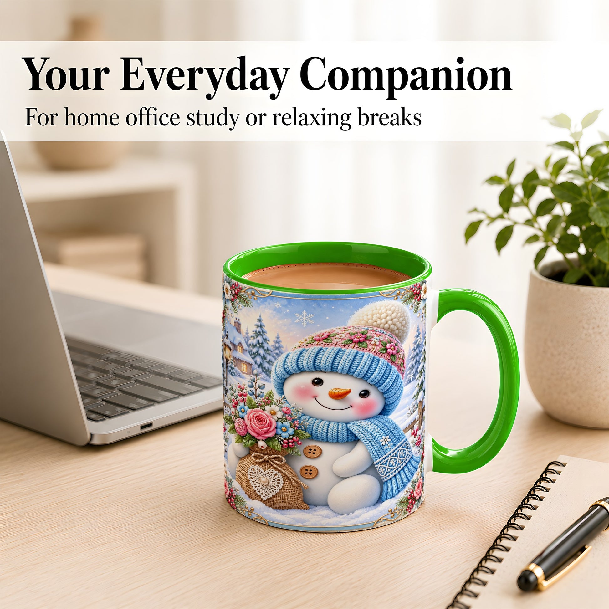 #pl[11oz|Green] Snowman Bouquet Coffee Mug, Winter Floral Mug, Ceramic Cup