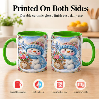 #pl[11oz|Green] Snowman Bouquet Coffee Mug, Winter Floral Mug, Ceramic Cup