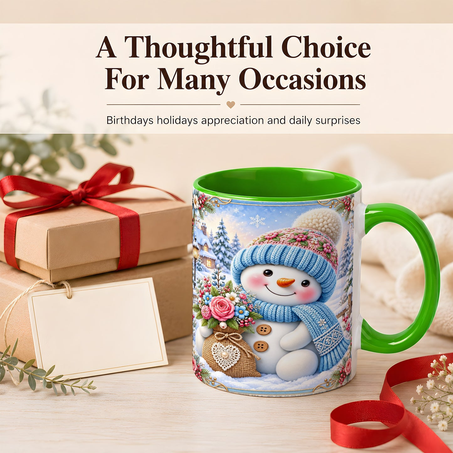 #pl[11oz|Green] Snowman Bouquet Coffee Mug, Winter Floral Mug, Ceramic Cup