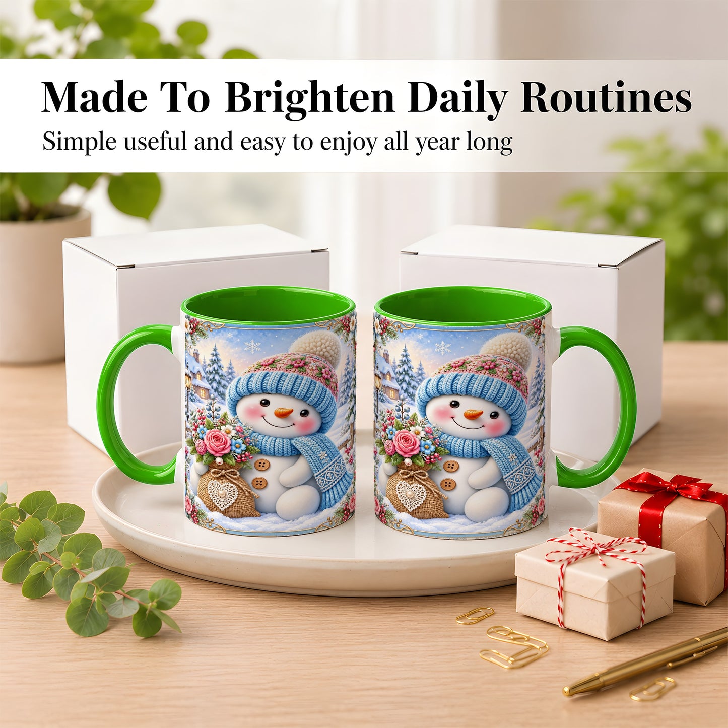 #pl[11oz|Green] Snowman Bouquet Coffee Mug, Winter Floral Mug, Ceramic Cup
