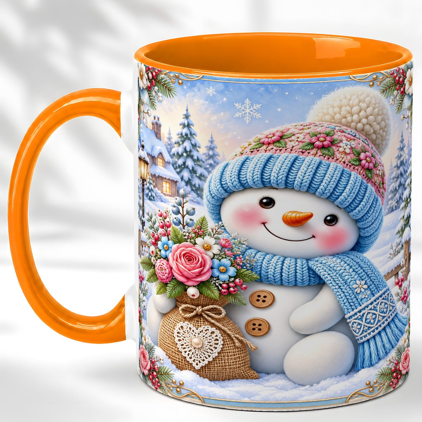 #pl[11oz|Orange] Snowman Bouquet Coffee Mug, Winter Floral Mug, Ceramic Cup