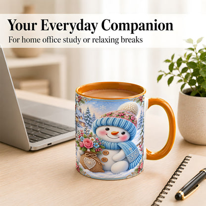 #pl[11oz|Orange] Snowman Bouquet Coffee Mug, Winter Floral Mug, Ceramic Cup