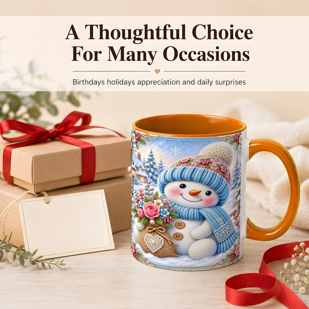 #pl[11oz|Orange] Snowman Bouquet Coffee Mug, Winter Floral Mug, Ceramic Cup