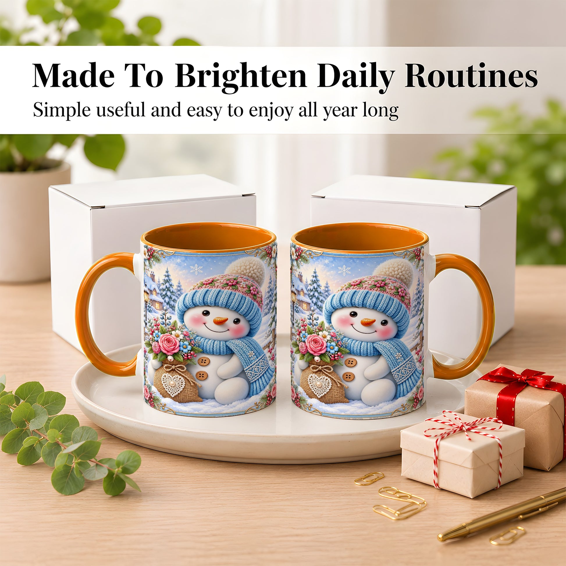 #pl[11oz|Orange] Snowman Bouquet Coffee Mug, Winter Floral Mug, Ceramic Cup