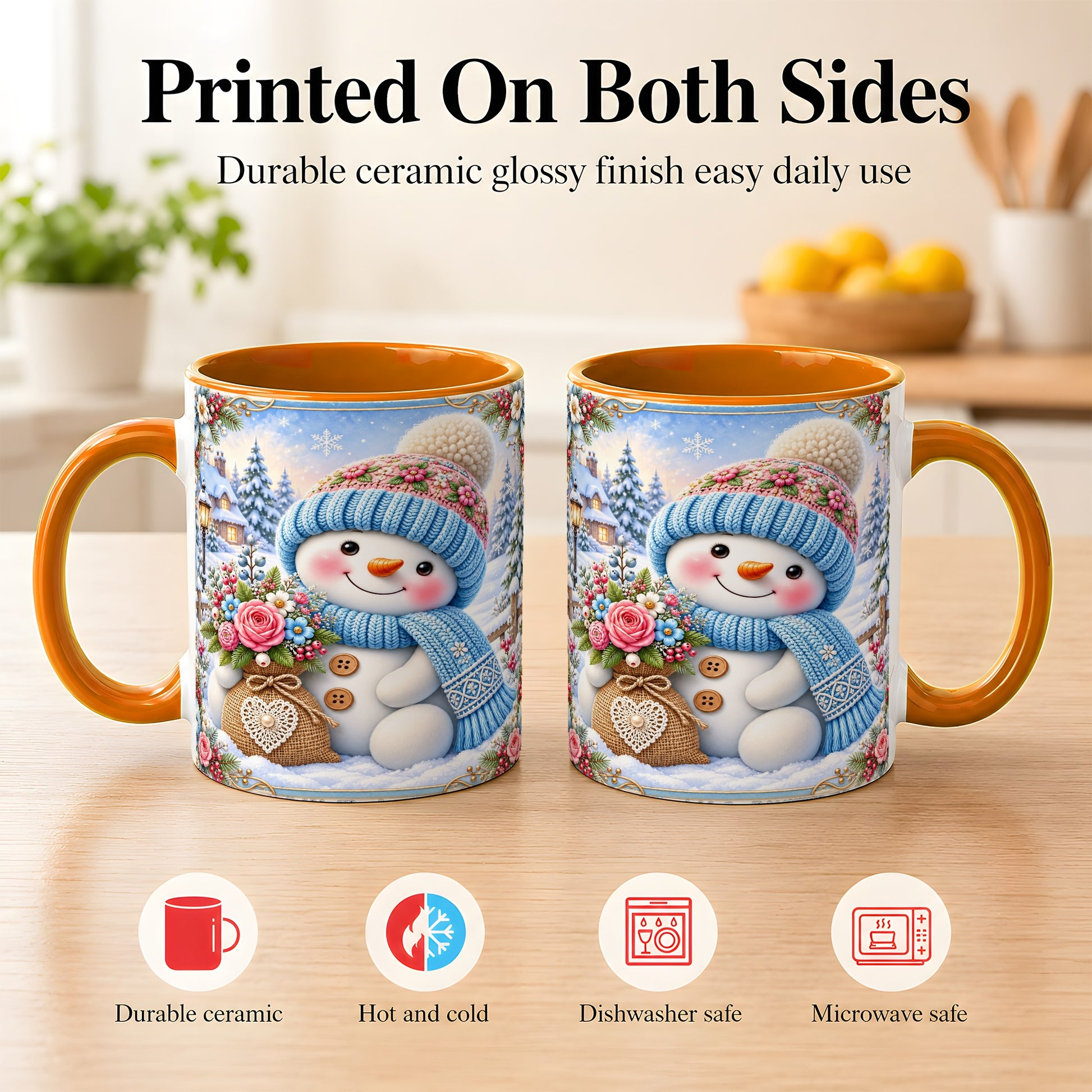 #pl[11oz|Orange] Snowman Bouquet Coffee Mug, Winter Floral Mug, Ceramic Cup