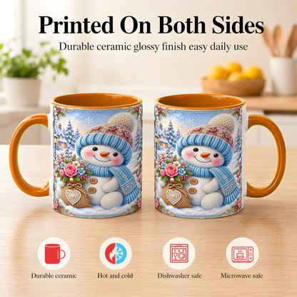 #pl[11oz|Orange] Snowman Bouquet Coffee Mug, Winter Floral Mug, Ceramic Cup