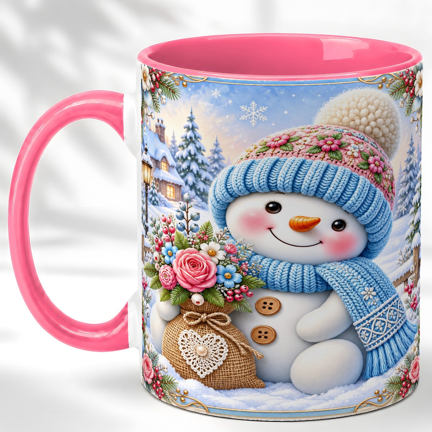 #pl[11oz|Pink] Snowman Bouquet Coffee Mug, Winter Floral Mug, Ceramic Cup