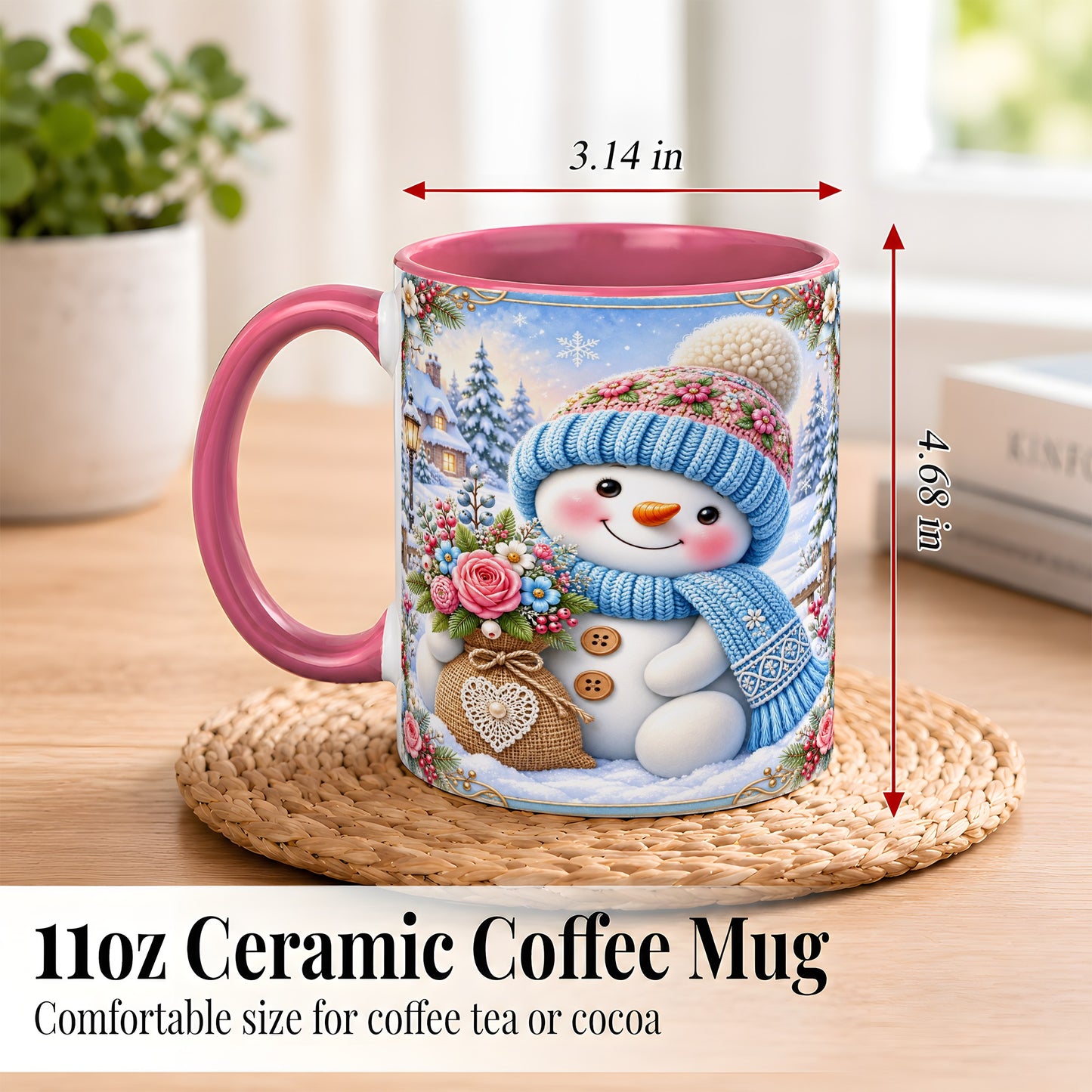 #pl[11oz|Pink] Snowman Bouquet Coffee Mug, Winter Floral Mug, Ceramic Cup