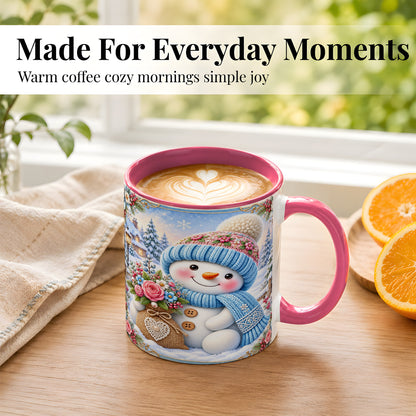 #pl[11oz|Pink] Snowman Bouquet Coffee Mug, Winter Floral Mug, Ceramic Cup