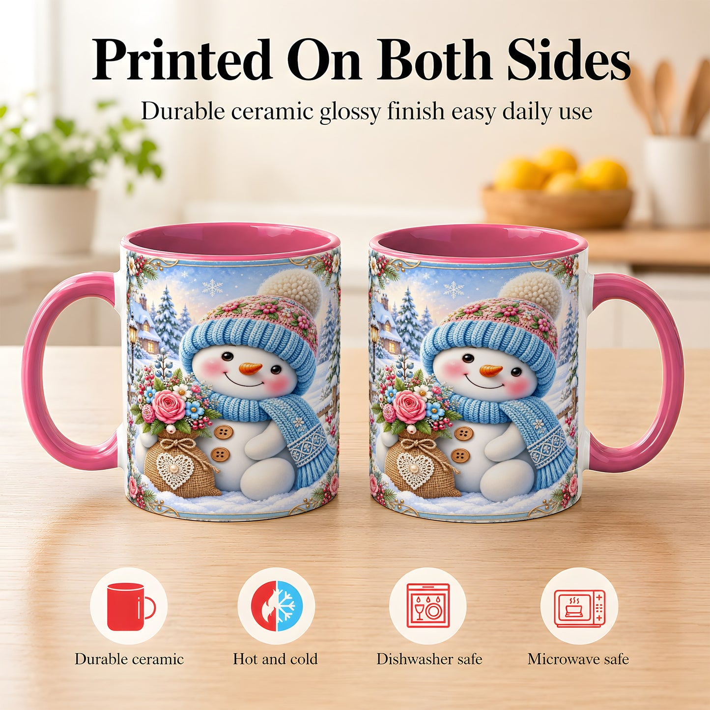 #pl[11oz|Pink] Snowman Bouquet Coffee Mug, Winter Floral Mug, Ceramic Cup