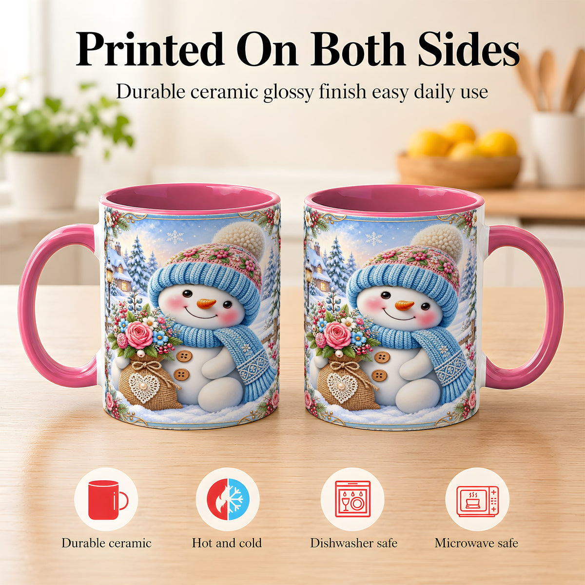 #pl[11oz|Pink] Snowman Bouquet Coffee Mug, Winter Floral Mug, Ceramic Cup