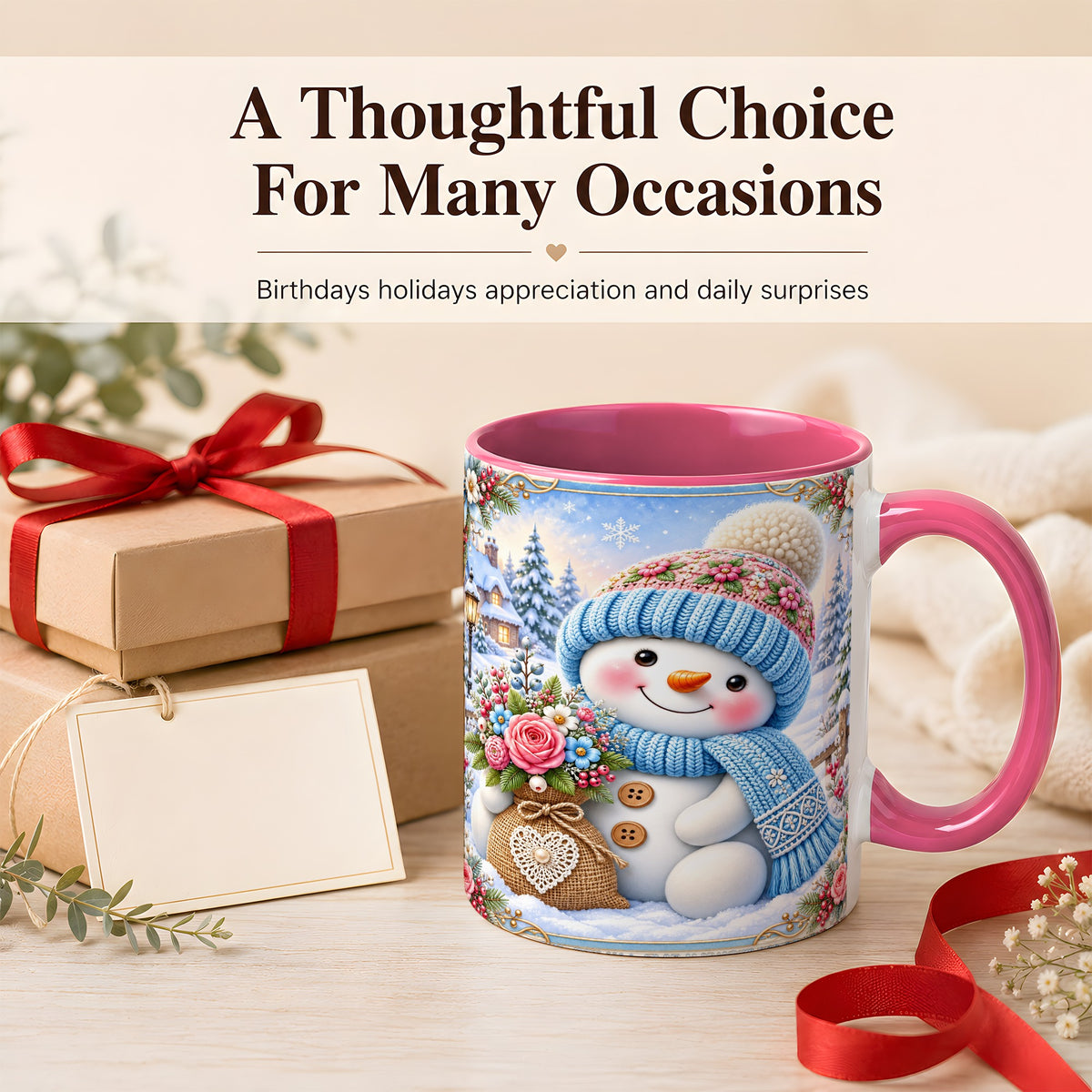 #pl[11oz|Pink] Snowman Bouquet Coffee Mug, Winter Floral Mug, Ceramic Cup