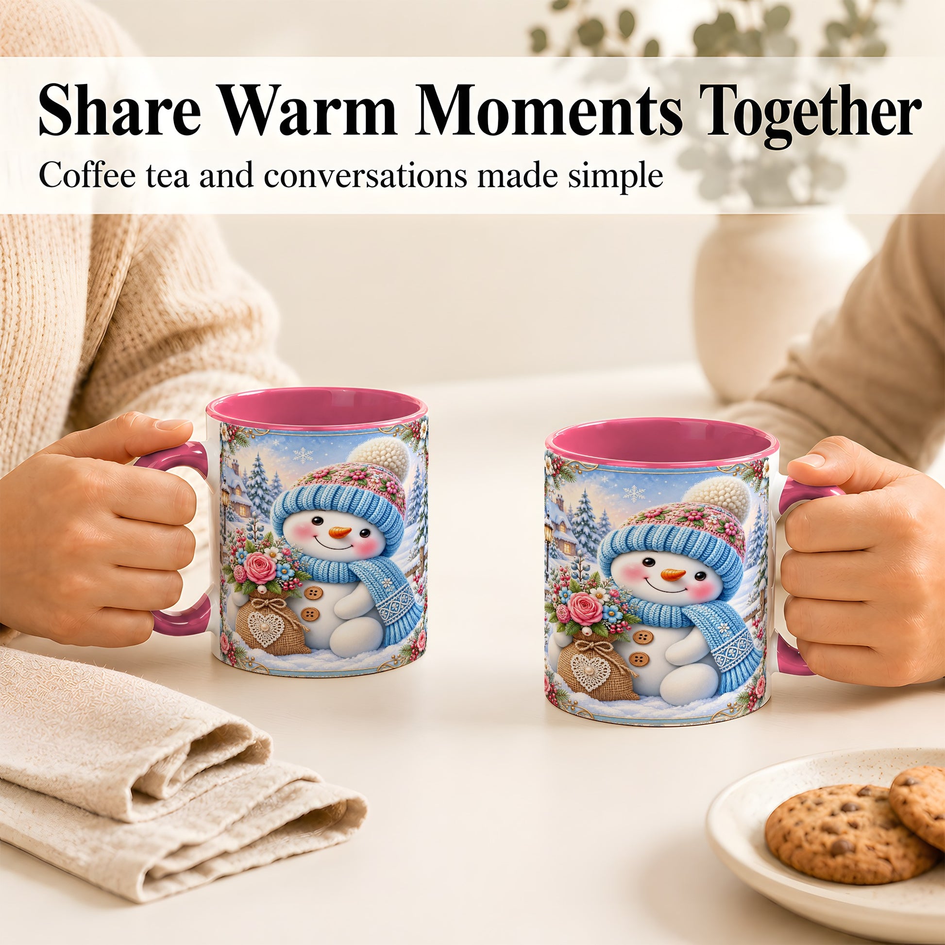 #pl[11oz|Pink] Snowman Bouquet Coffee Mug, Winter Floral Mug, Ceramic Cup