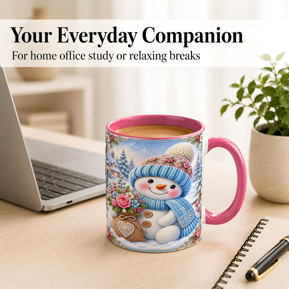 #pl[11oz|Pink] Snowman Bouquet Coffee Mug, Winter Floral Mug, Ceramic Cup