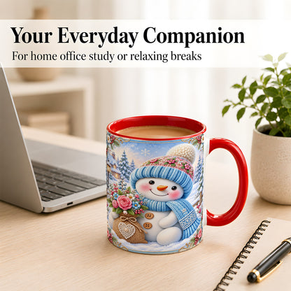 #pl[11oz|Red] Snowman Bouquet Coffee Mug, Winter Floral Mug, Ceramic Cup