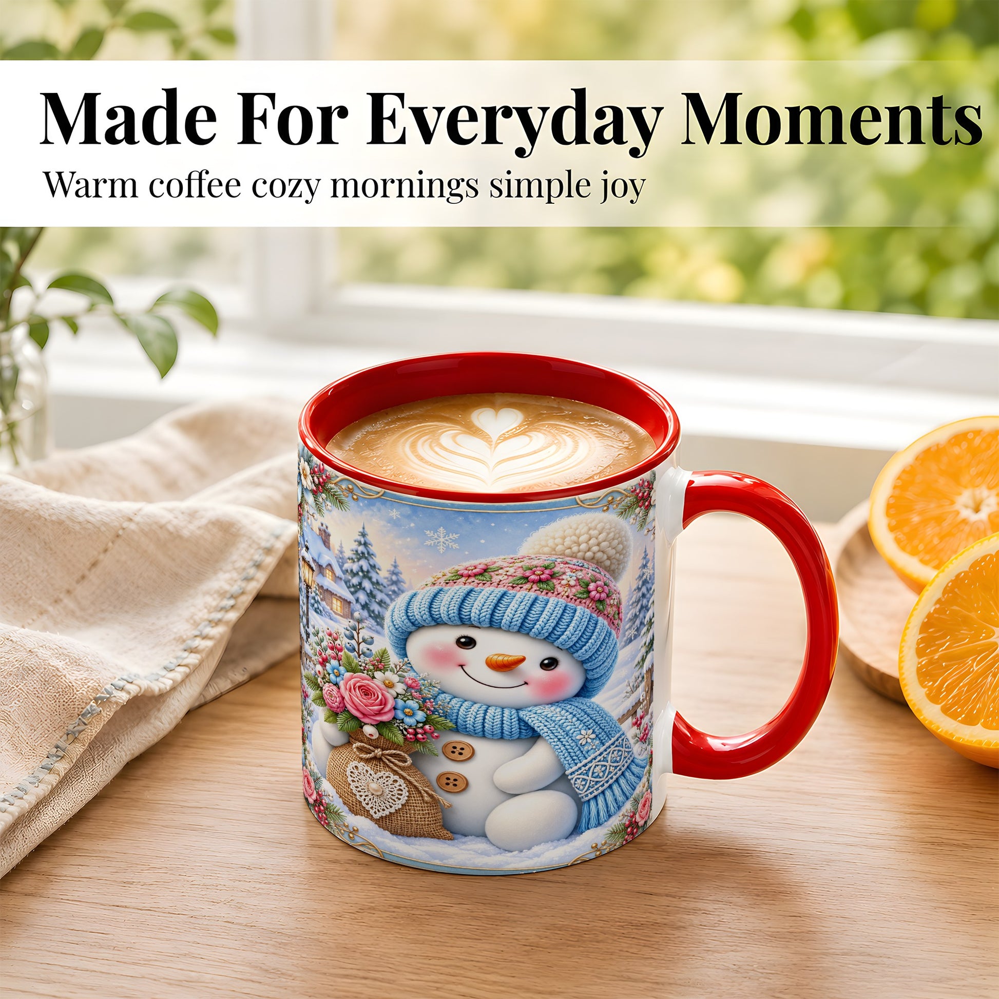 #pl[11oz|Red] Snowman Bouquet Coffee Mug, Winter Floral Mug, Ceramic Cup