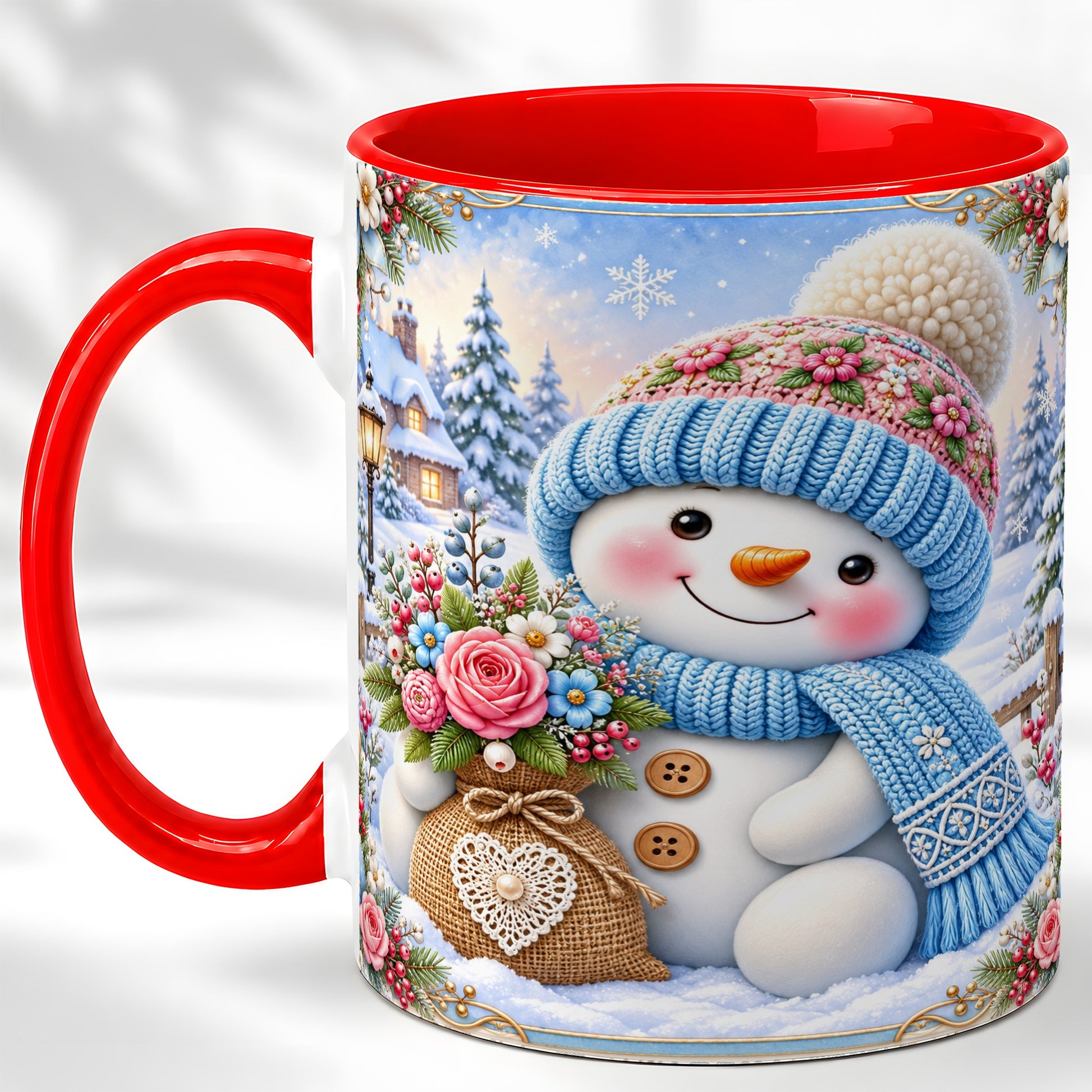 Snowman Bouquet Coffee Mug, Winter Floral Mug, Ceramic Cup