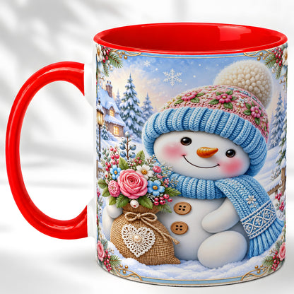 Snowman Bouquet Coffee Mug, Winter Floral Mug, Ceramic Cup