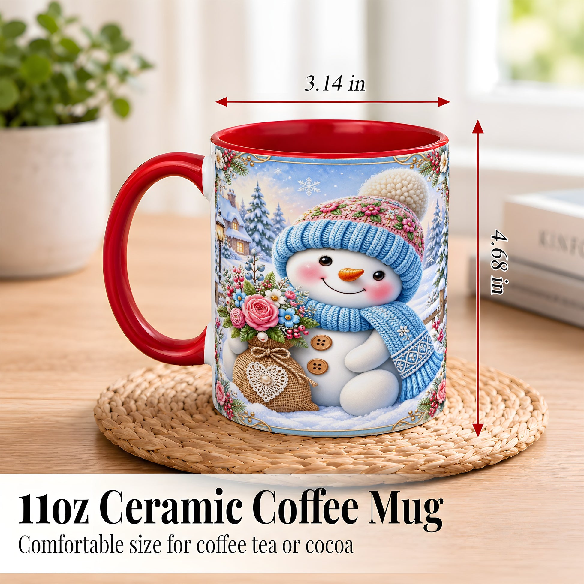 #pl[11oz|Red] Snowman Bouquet Coffee Mug, Winter Floral Mug, Ceramic Cup