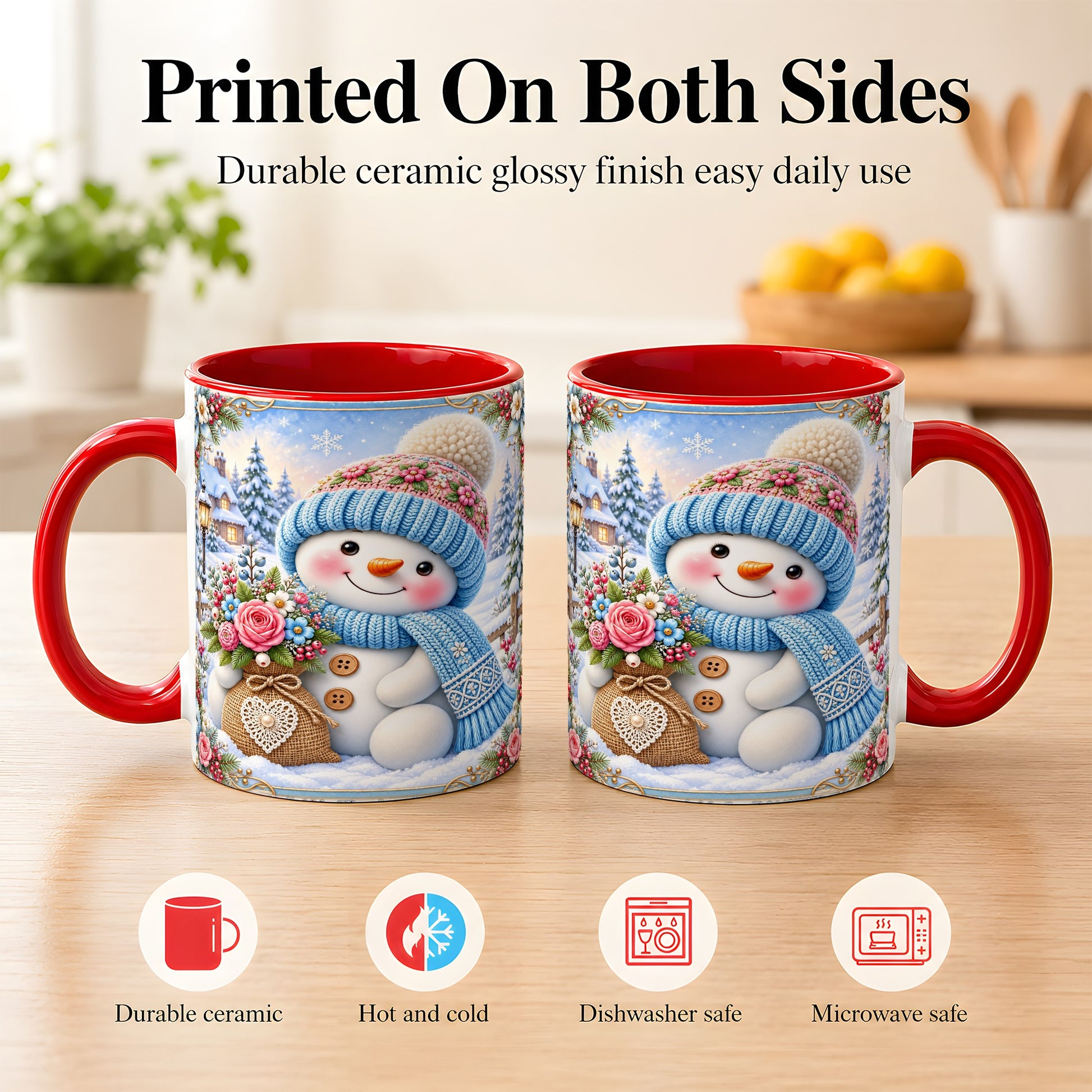 #pl[11oz|Red] Snowman Bouquet Coffee Mug, Winter Floral Mug, Ceramic Cup