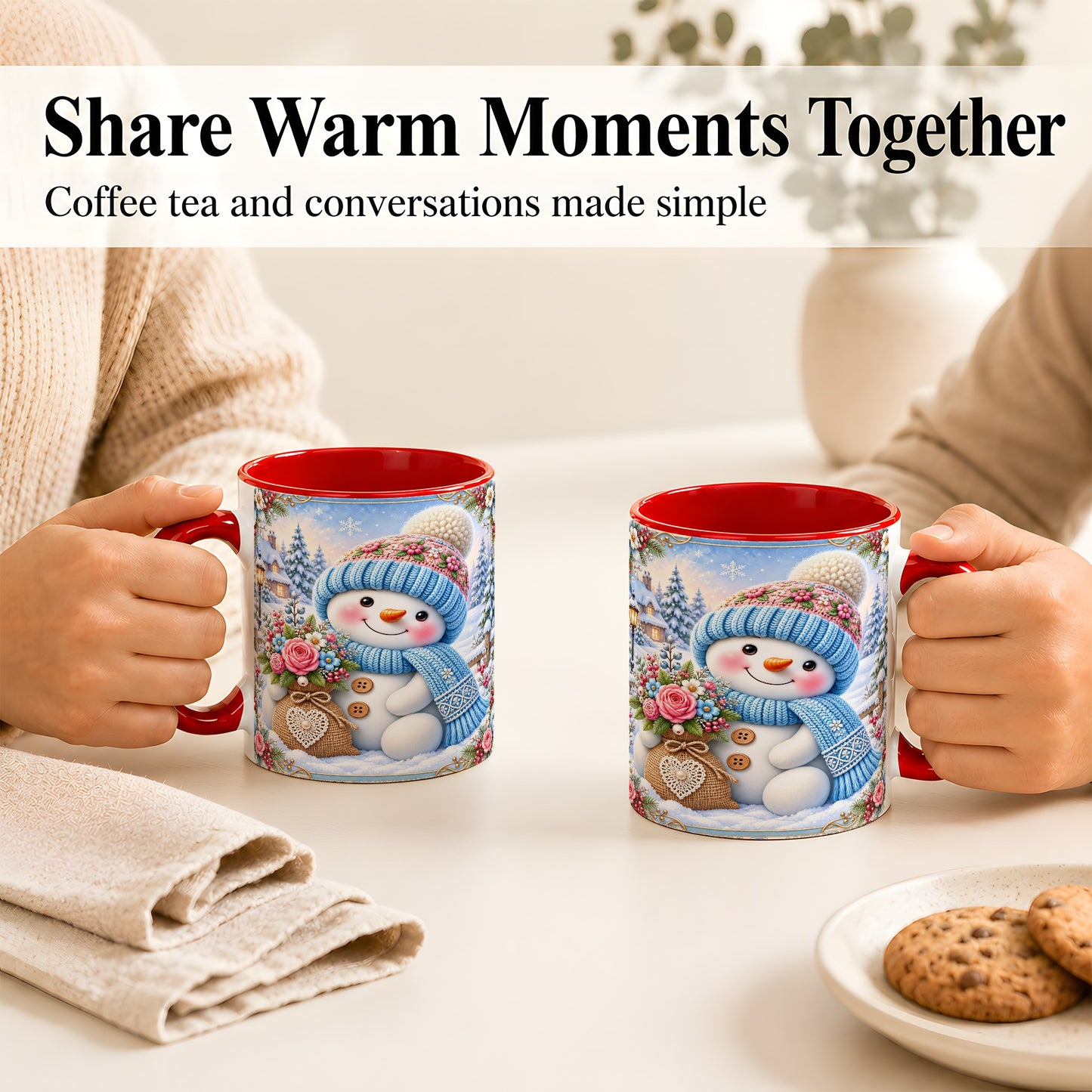 #pl[11oz|Red] Snowman Bouquet Coffee Mug, Winter Floral Mug, Ceramic Cup
