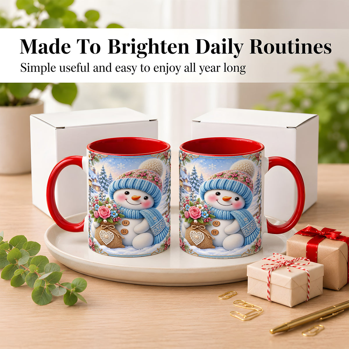 #pl[11oz|Red] Snowman Bouquet Coffee Mug, Winter Floral Mug, Ceramic Cup