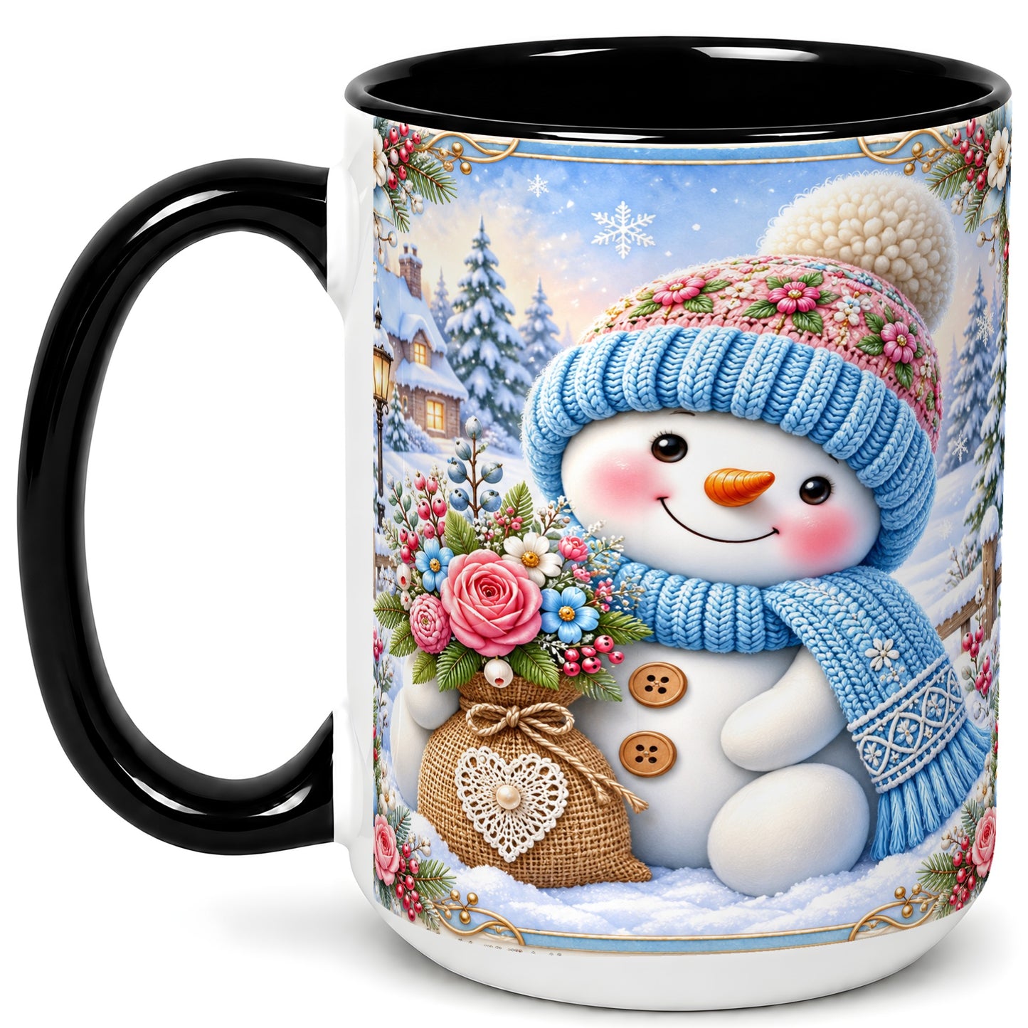 #pl[15oz|Black] Snowman Bouquet Coffee Mug, Winter Floral Mug, Ceramic Cup