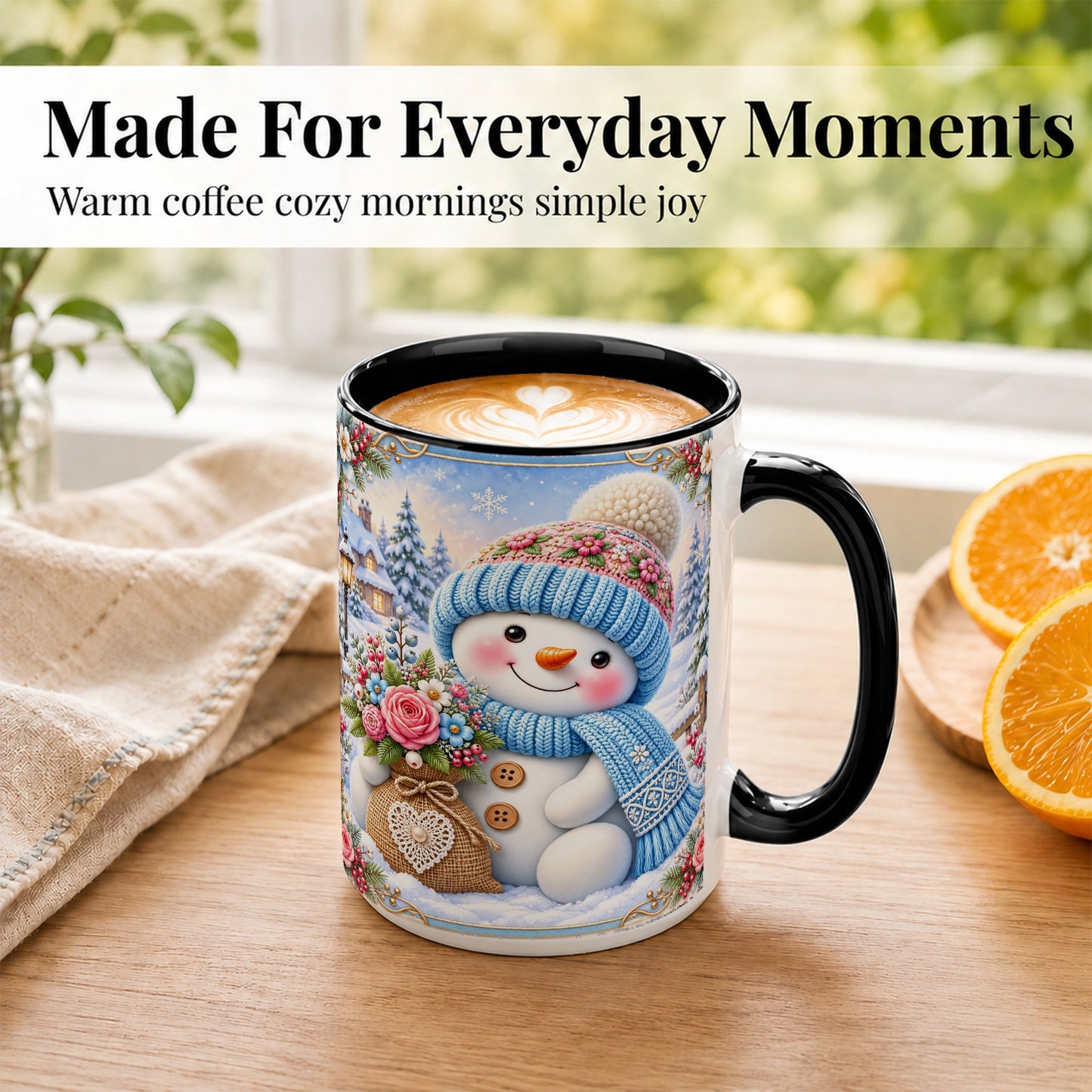 #pl[15oz|Black] Snowman Bouquet Coffee Mug, Winter Floral Mug, Ceramic Cup