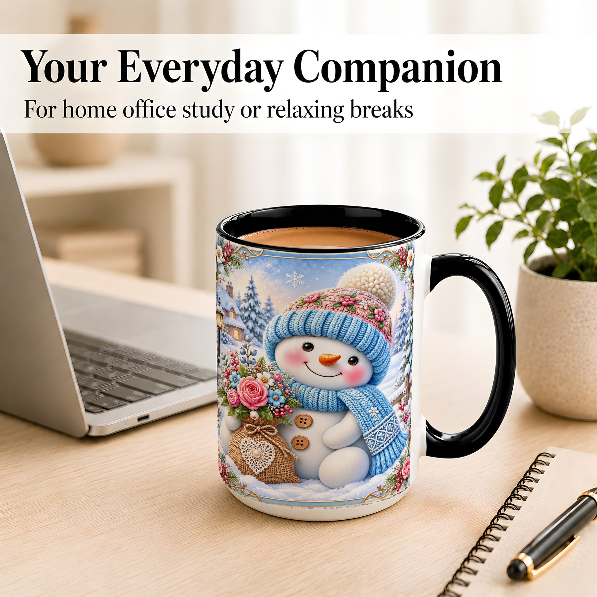 #pl[15oz|Black] Snowman Bouquet Coffee Mug, Winter Floral Mug, Ceramic Cup