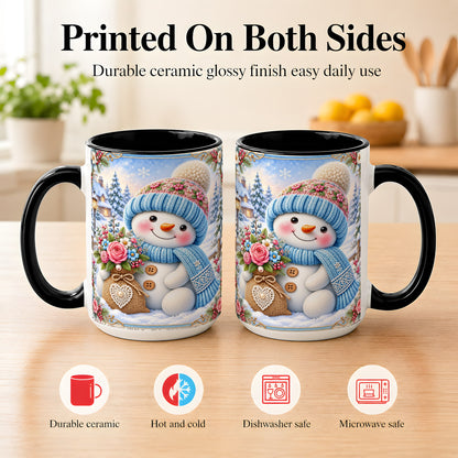 #pl[15oz|Black] Snowman Bouquet Coffee Mug, Winter Floral Mug, Ceramic Cup