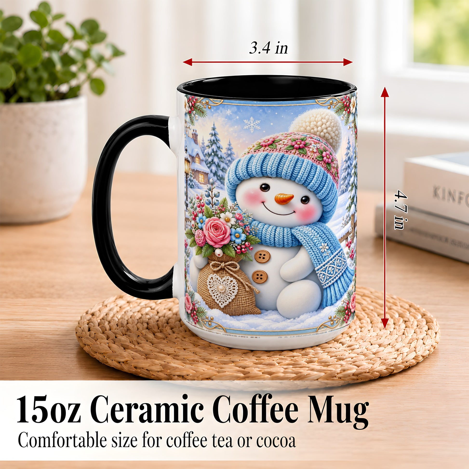 #pl[15oz|Black] Snowman Bouquet Coffee Mug, Winter Floral Mug, Ceramic Cup