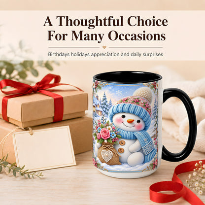 #pl[15oz|Black] Snowman Bouquet Coffee Mug, Winter Floral Mug, Ceramic Cup