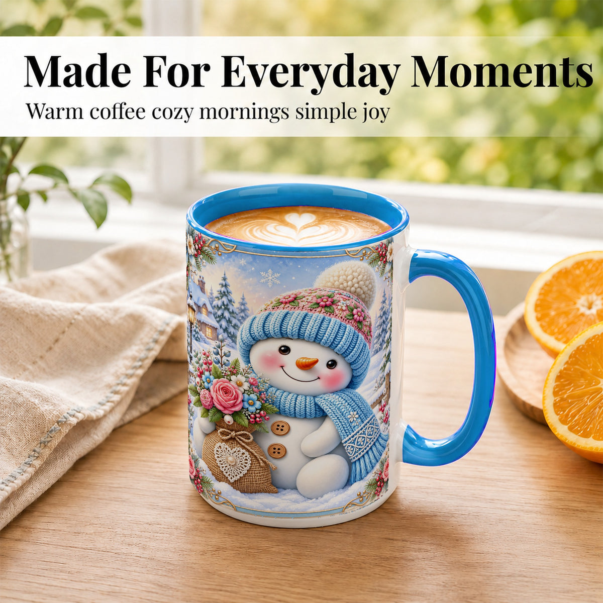 #pl[15oz|Blue] Snowman Bouquet Coffee Mug, Winter Floral Mug, Ceramic Cup