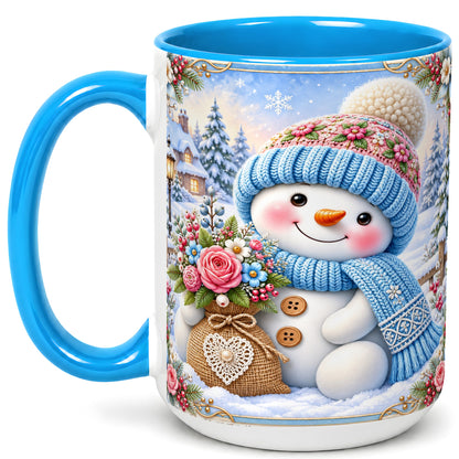 #pl[15oz|Blue] Snowman Bouquet Coffee Mug, Winter Floral Mug, Ceramic Cup