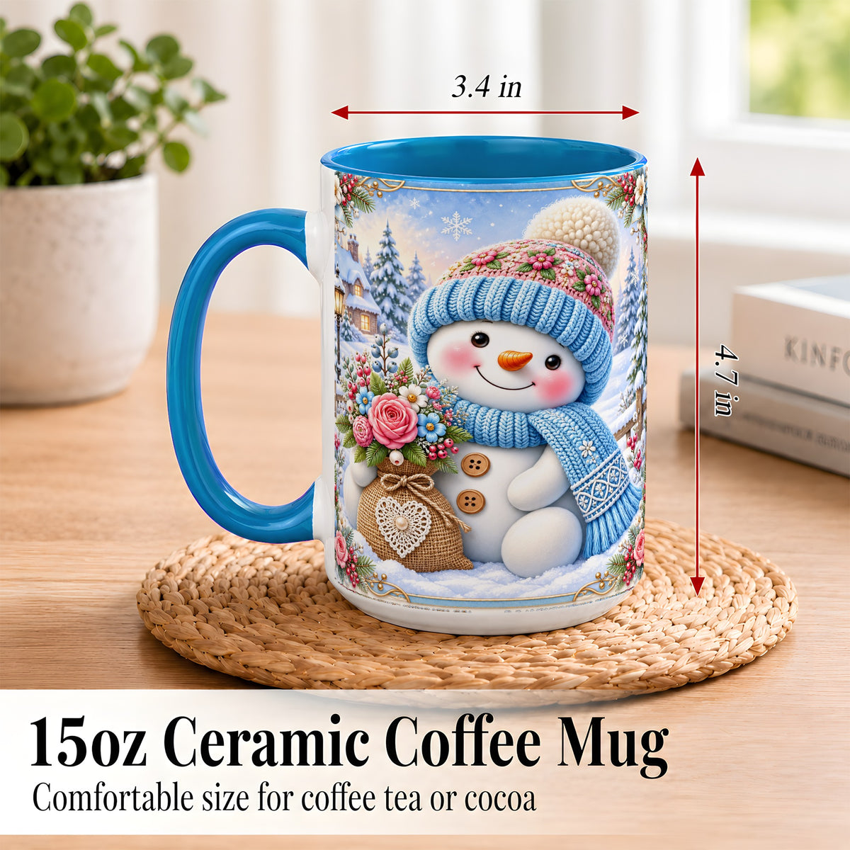 #pl[15oz|Blue] Snowman Bouquet Coffee Mug, Winter Floral Mug, Ceramic Cup