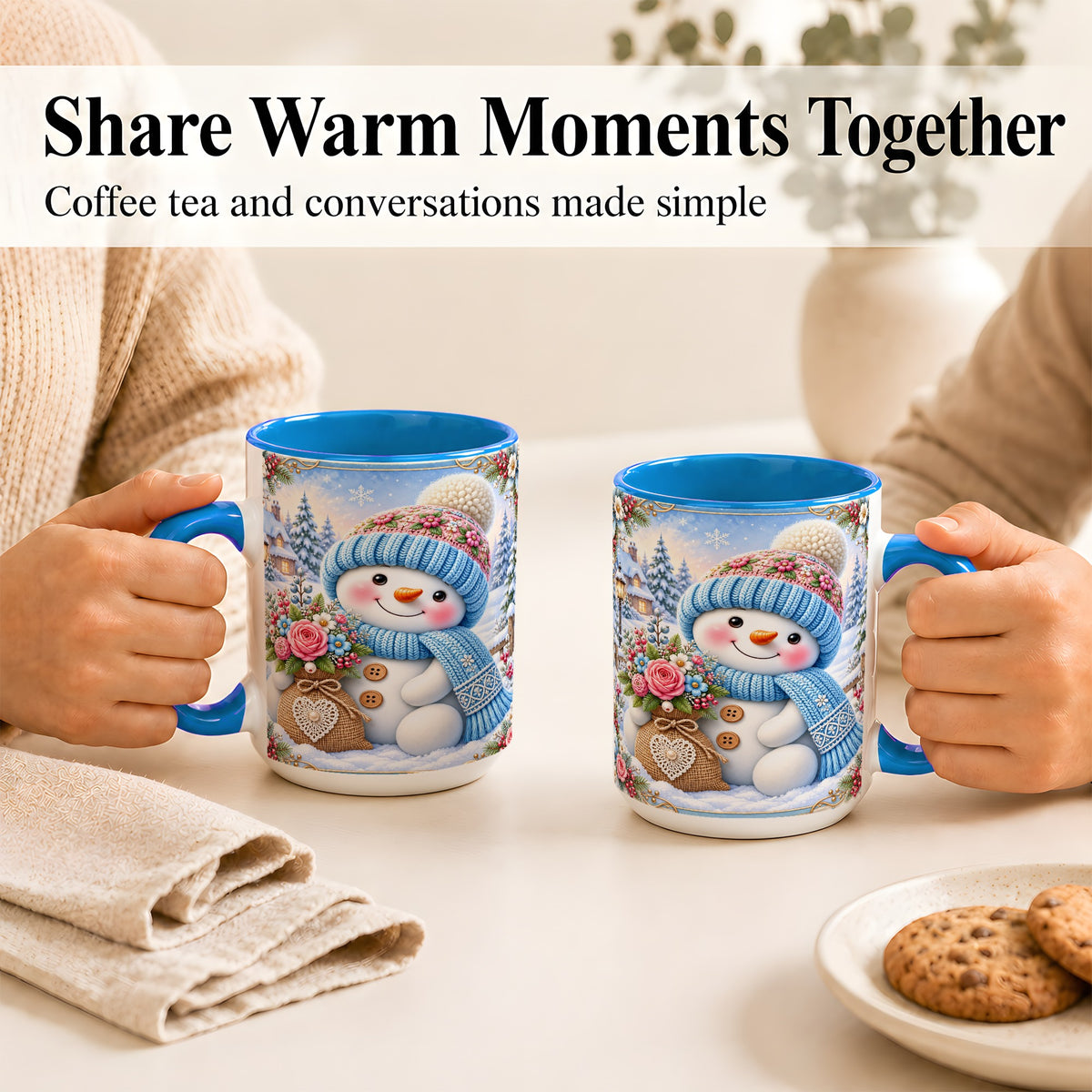 #pl[15oz|Blue] Snowman Bouquet Coffee Mug, Winter Floral Mug, Ceramic Cup